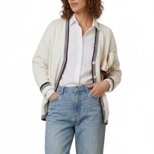 ​Vintage Fox & Co White Cable Knit Cardigan Striped Trim Size S Preppy